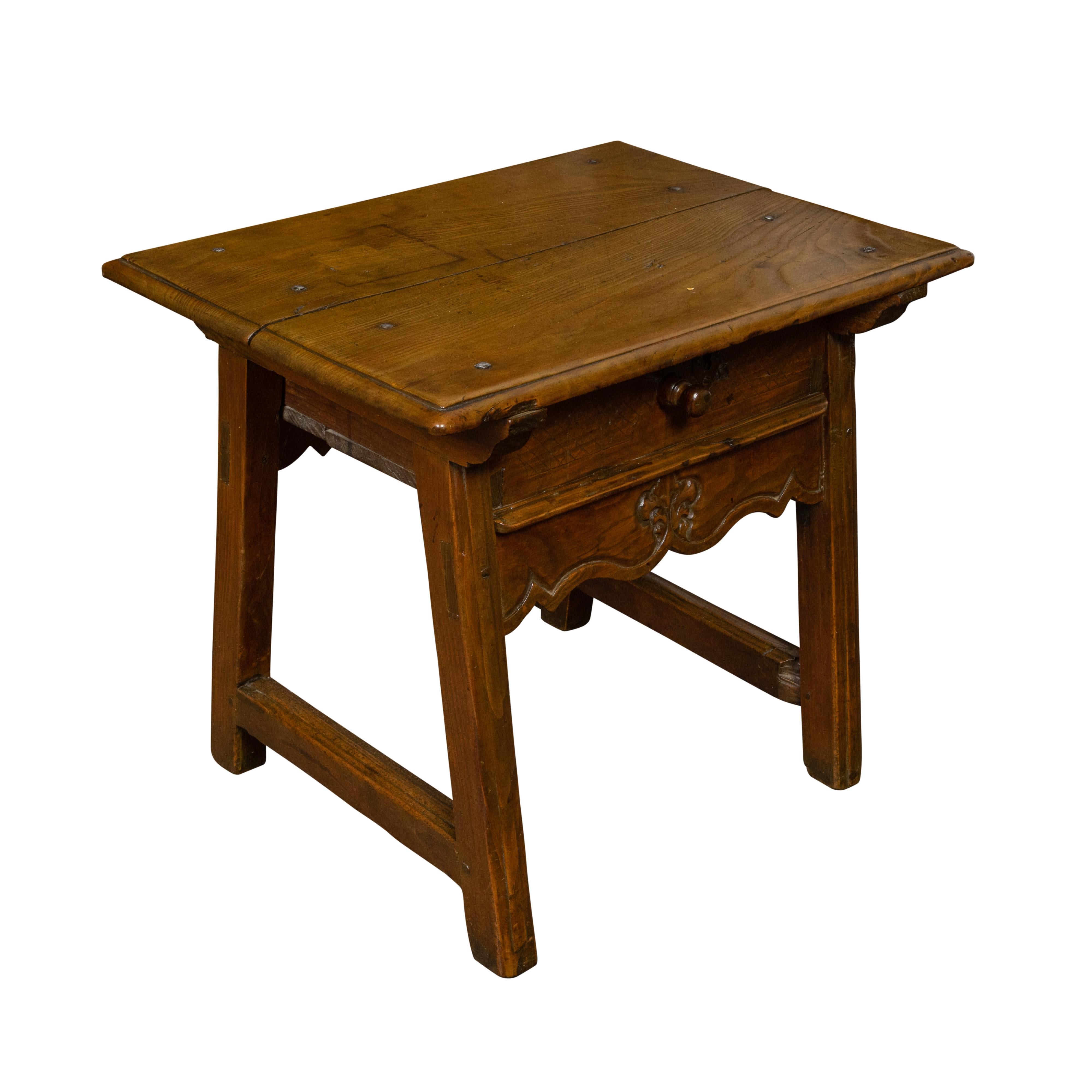 English Georgian Period Low Oak Side Table with Single Drawer and Carved Apron For Sale