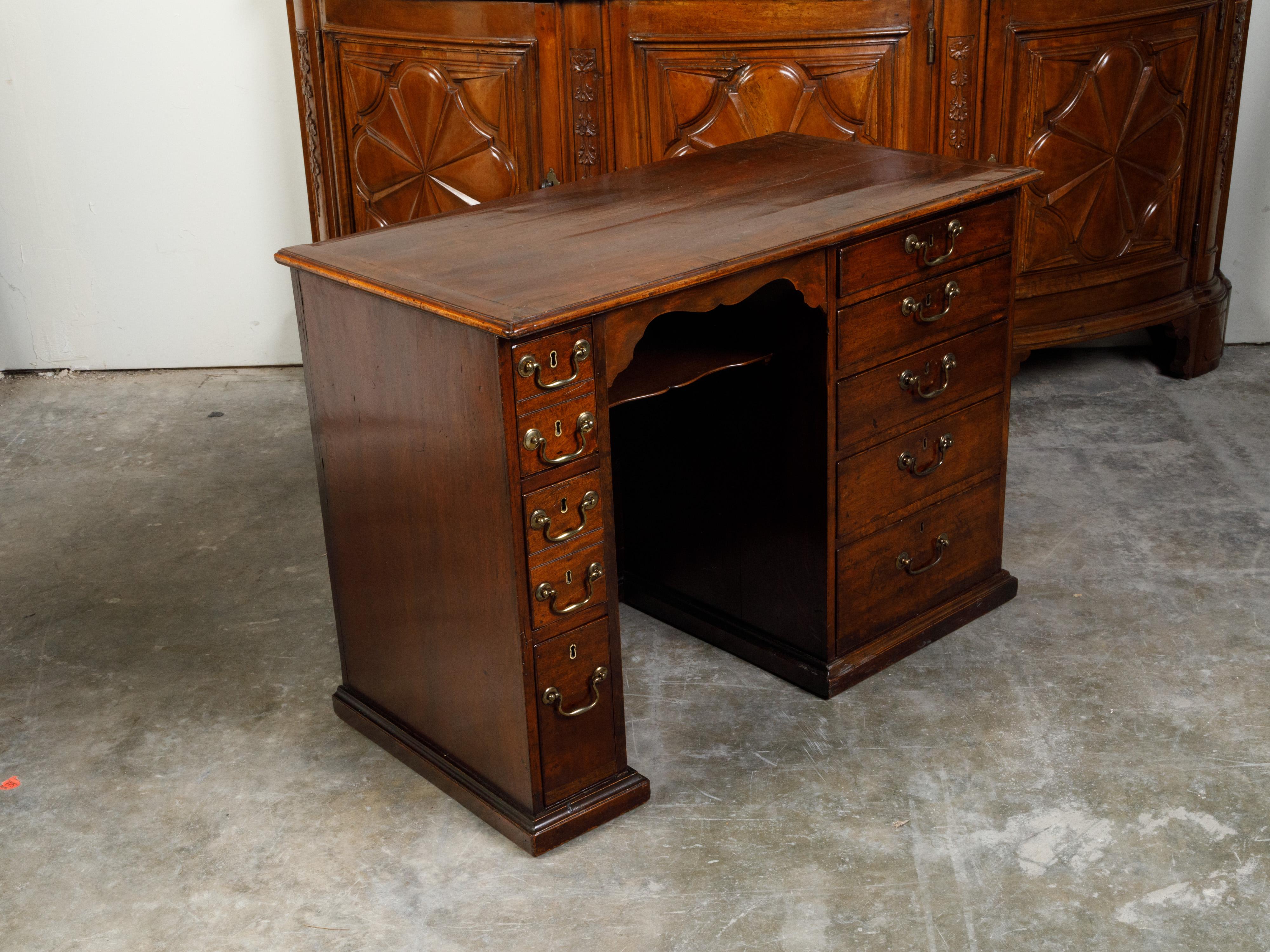 English Georgian Period Mahogany Desk with Ten Graduating Drawers and Shelf For Sale 2