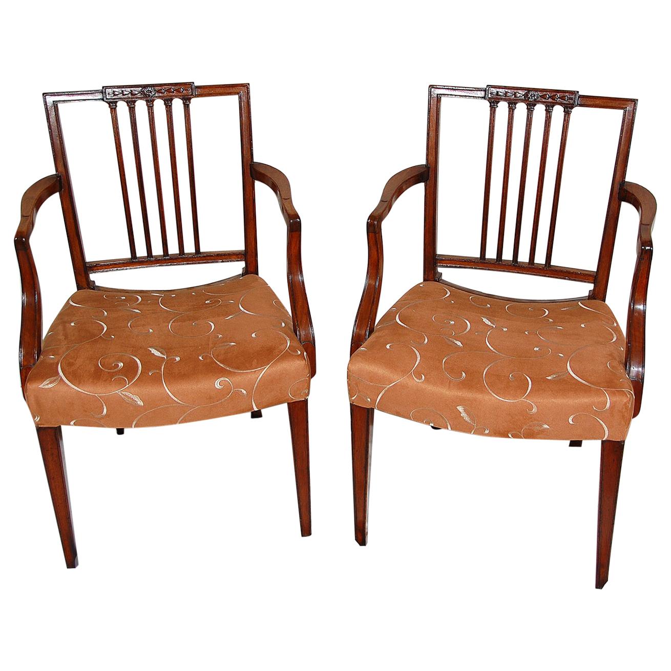 English Georgian Period Mahogany Sheraton Pair of Armchairs Square Carved Back