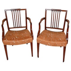 Used English Georgian Period Mahogany Sheraton Pair of Armchairs Square Carved Back