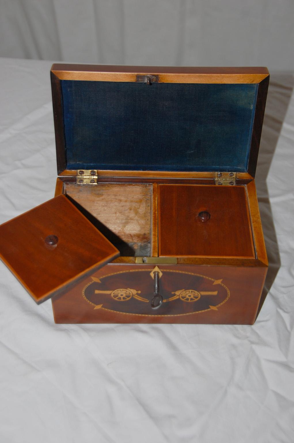 English Georgian Period Mahogany Teacaddy with Canon and Compass Rose Inlay 1