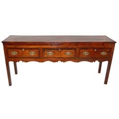 Antique English Georgian Period Oak Three-Drawer Low Dresser Mahogany Crossbanding