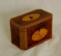 English Georgian Period Yew Wood Octagonal Tea Caddy with Fan and Column Inlays