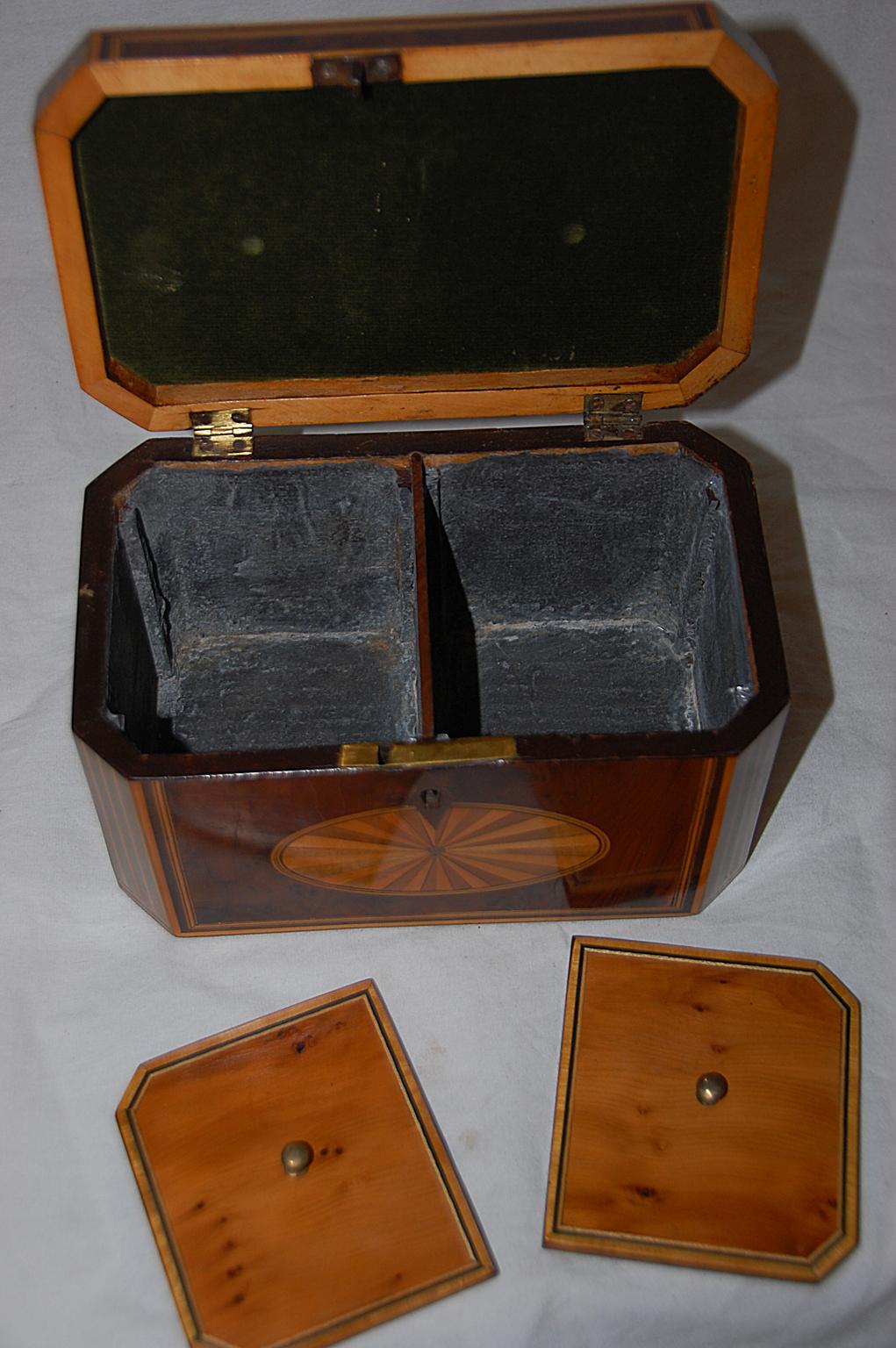 English Georgian Period Yew Wood Octagonal Tea Caddy with Fan and Column Inlays In Good Condition For Sale In Wells, ME