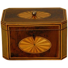 Caja de té octogonal inglesa de madera de tejo del periodo georgiano con incrustaciones de abanico y columna