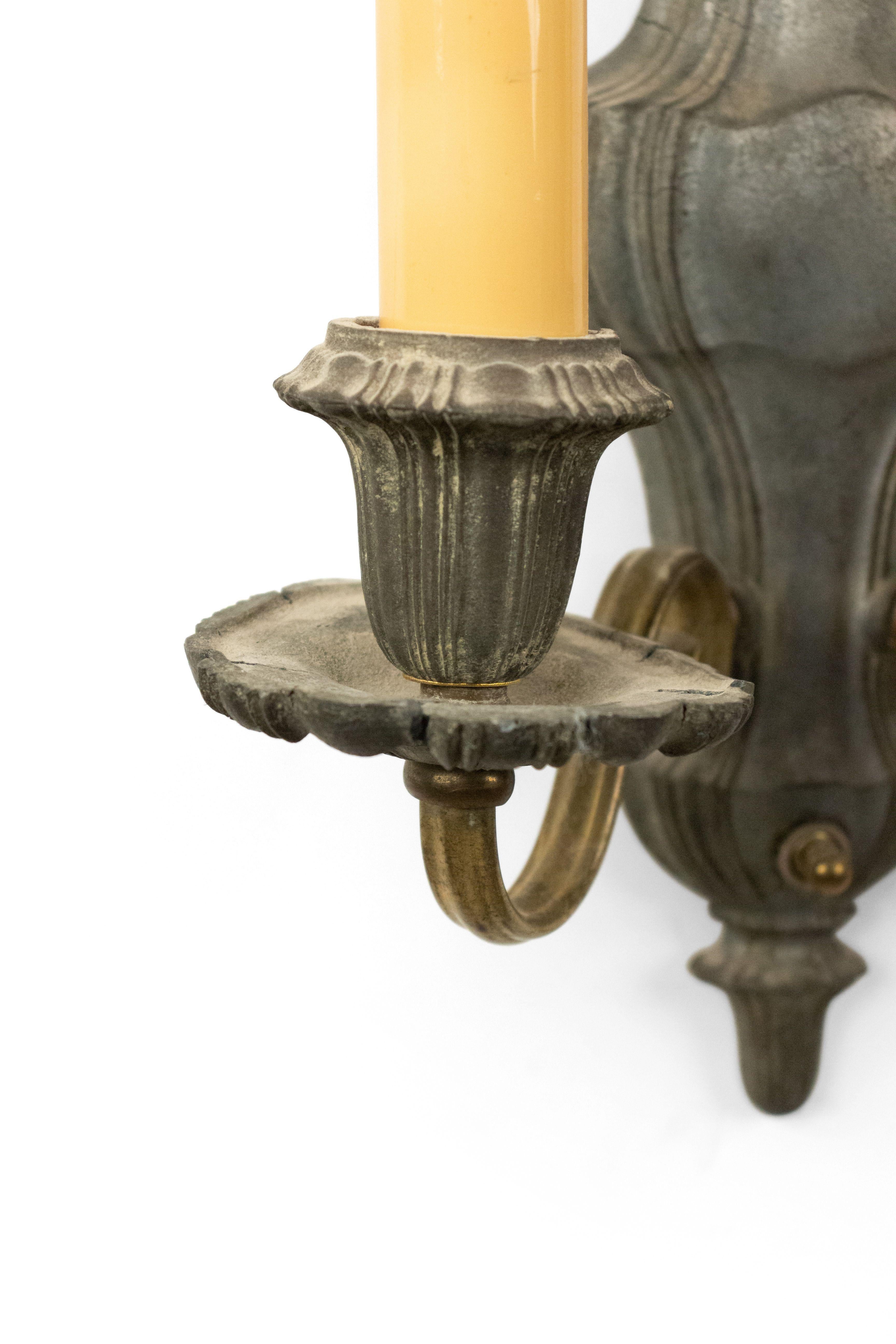 3 English Georgian-style (20th Century) pewter and brass wall sconces with two arms and fluted vasiform backplates (PRICED EACH)
