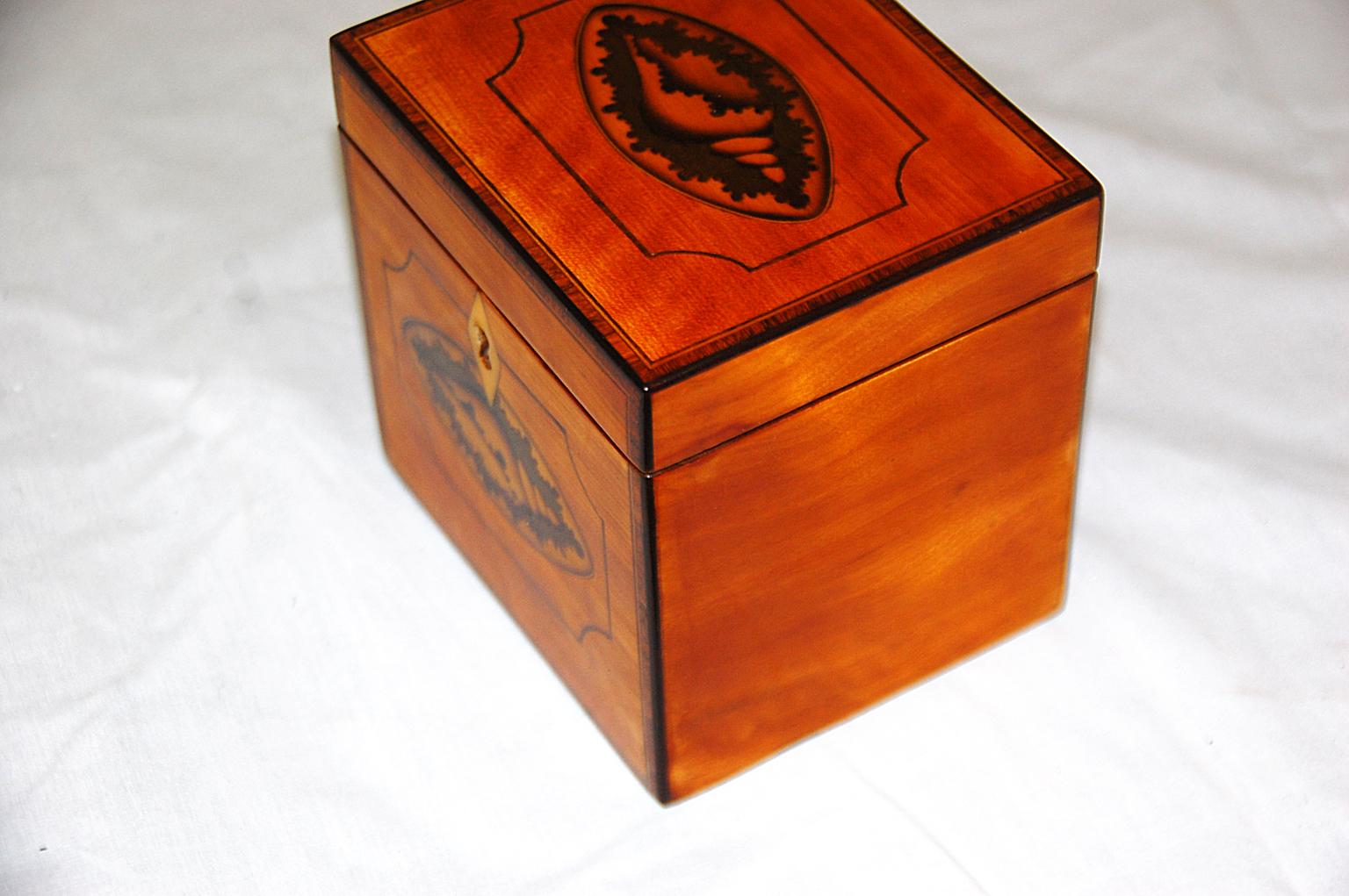 English Georgian Satinwood Single Tea Caddy with Inlaid Shell Motifs In Good Condition In Wells, ME
