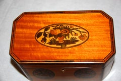 English Georgian Satinwood Tea Caddy with Elaborate Basket of Flowers Inlay