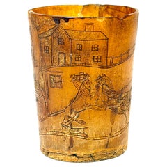English Georgian Satirical Cow Horn Beaker Royal Coach Attacked Heraldic Lion