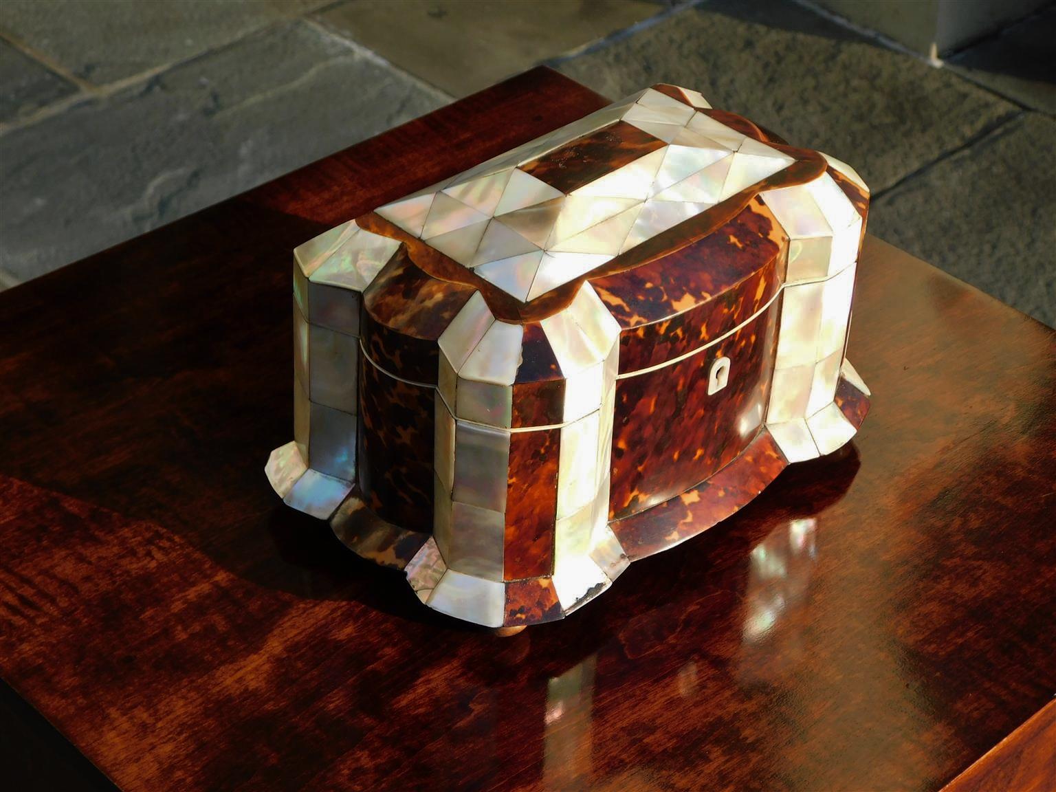 Hand-Carved English Georgian Serpentine Tortoise Shell & Mother of Pearl Tea Caddy, C. 1800 For Sale