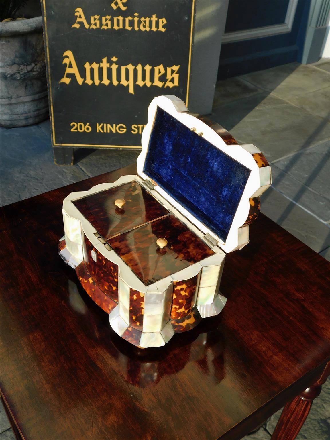 Hand-Carved English Georgian Serpentine Tortoise Shell & Mother of Pearl Tea Caddy, C. 1800