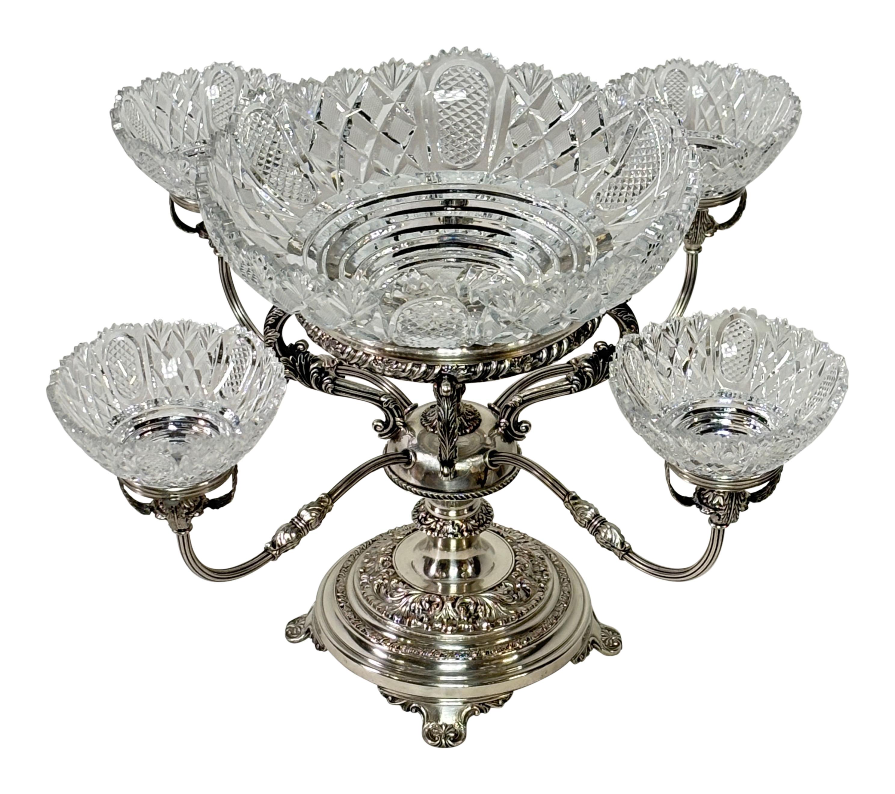 George IV English Georgian Sheffield Silver and Cut Glass Epergne Centerpiece For Sale