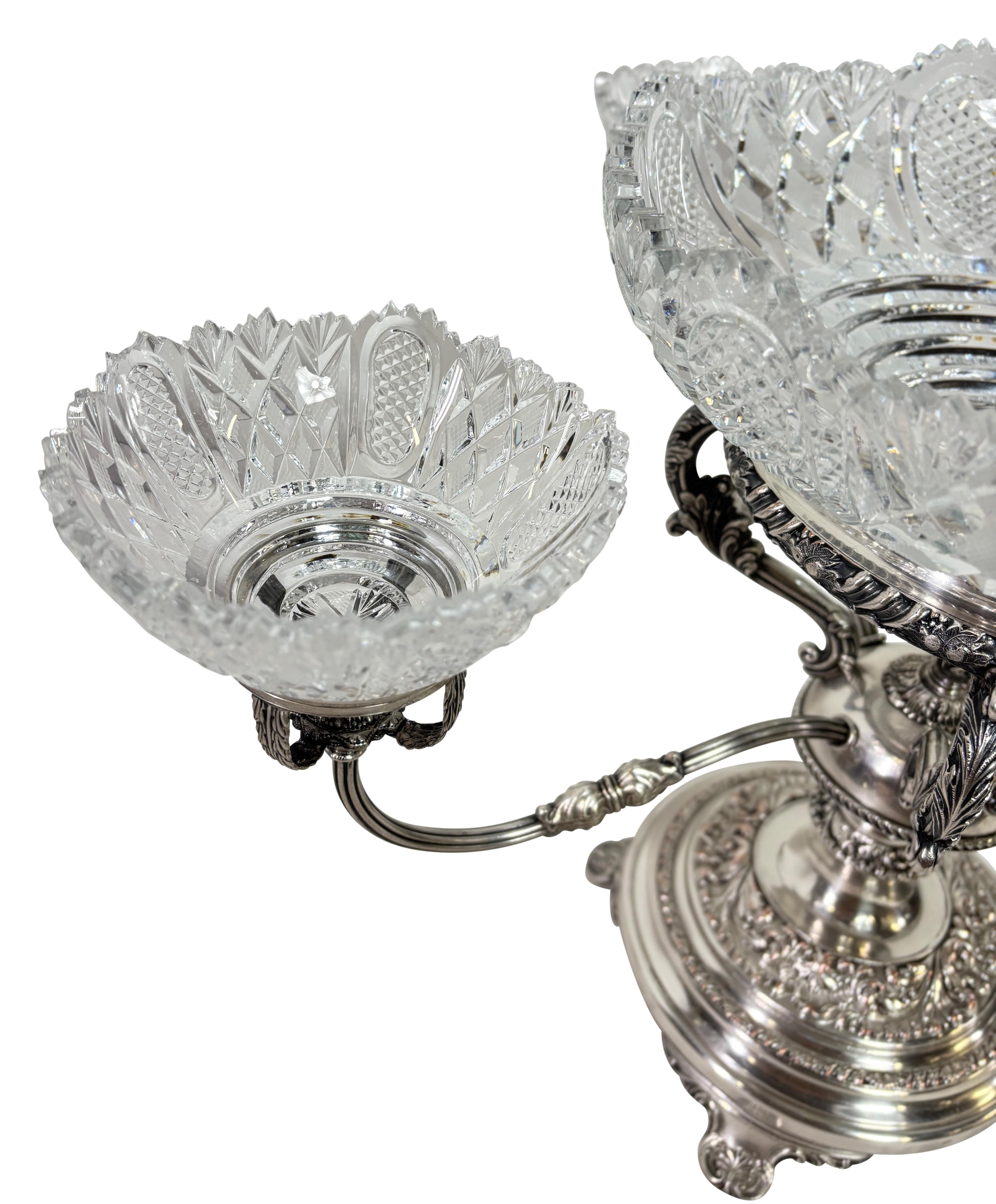 19th Century English Georgian Sheffield Silver and Cut Glass Epergne Centerpiece For Sale