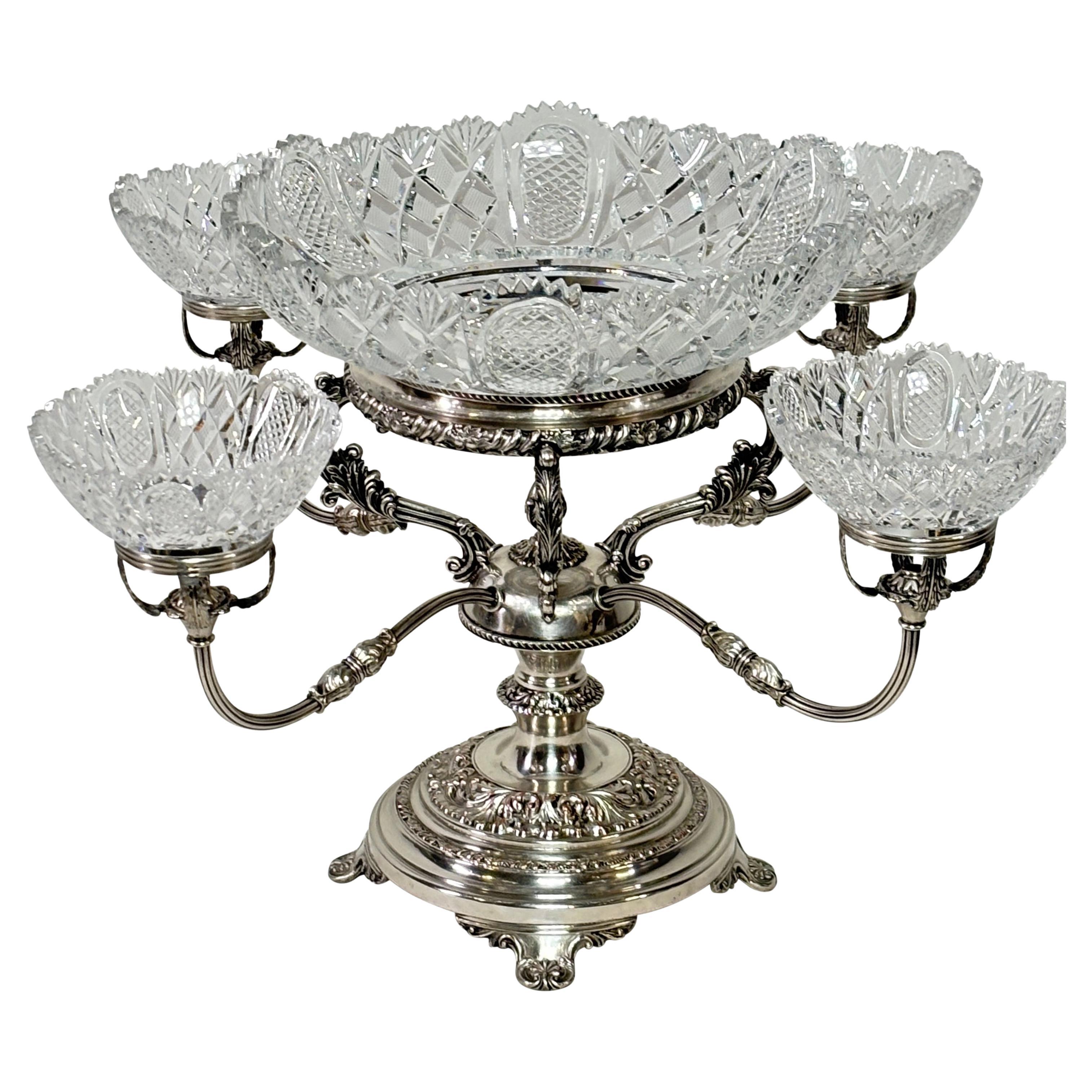 English Georgian Sheffield Silver and Cut Glass Epergne Centerpiece For Sale