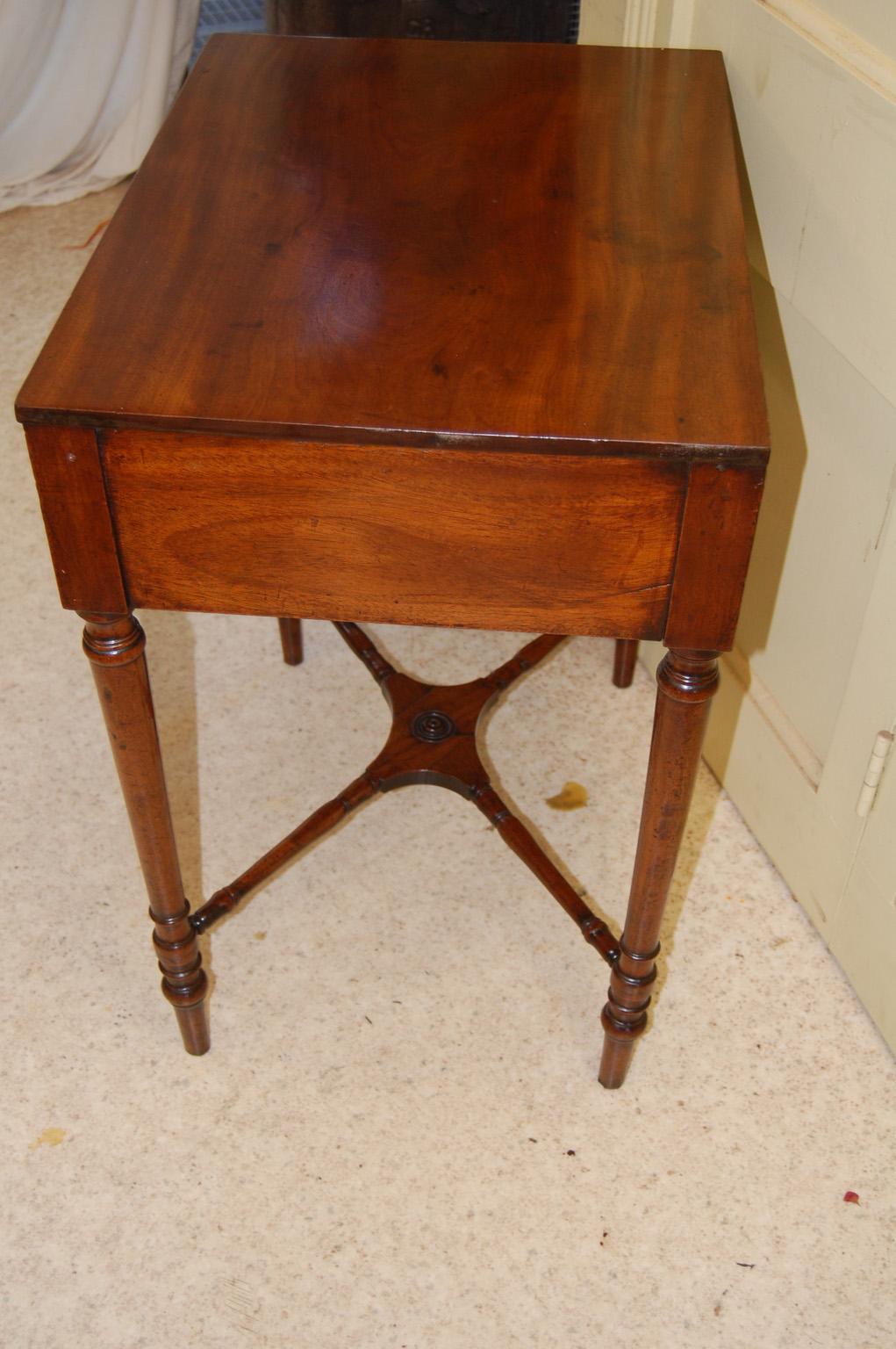 Late 18th Century English Georgian Sheraton Mahogany Side Table with Cross Stretcher, Two Drawers