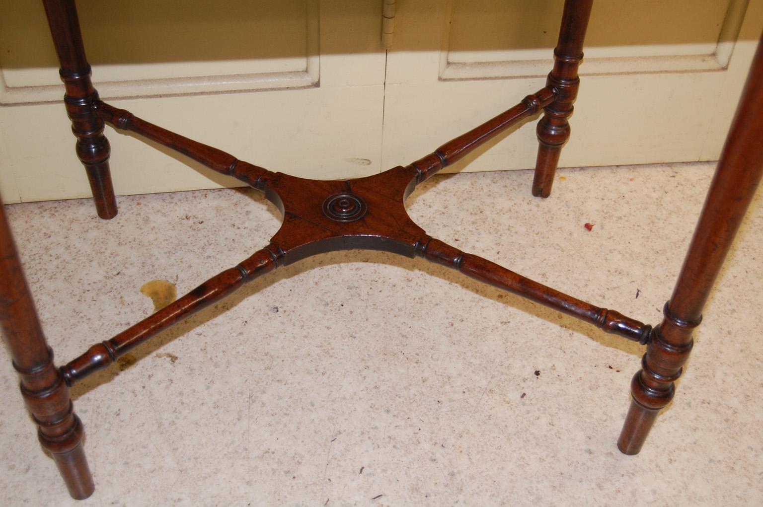 English Georgian Sheraton Mahogany Side Table with Cross Stretcher, Two Drawers 4