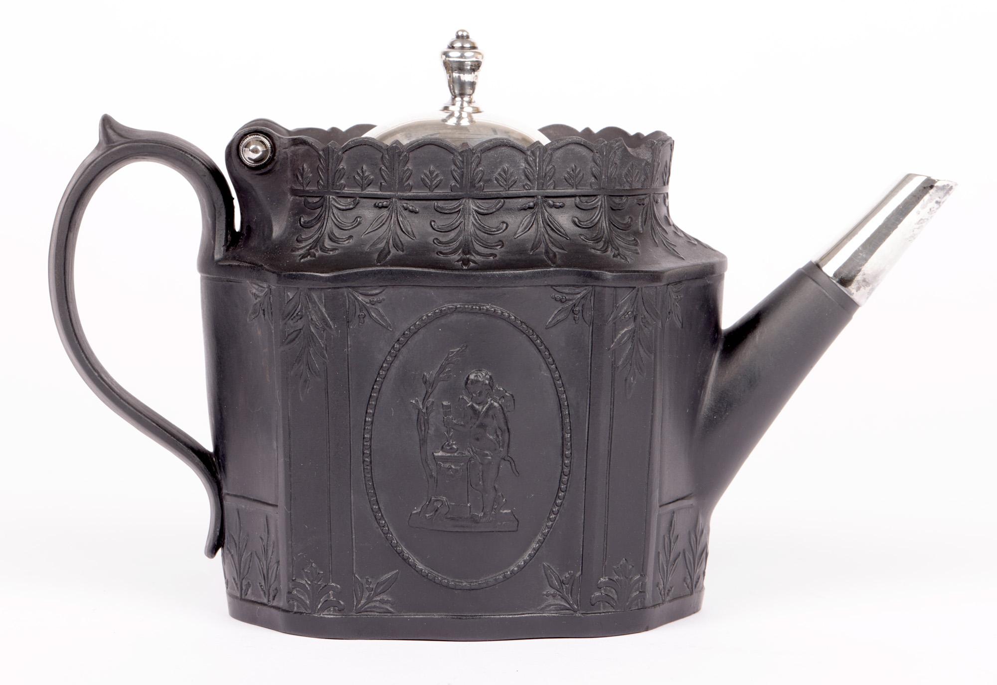English Georgian Silver Mounted Black Basalt Teapoy with Classical Figures For Sale 5