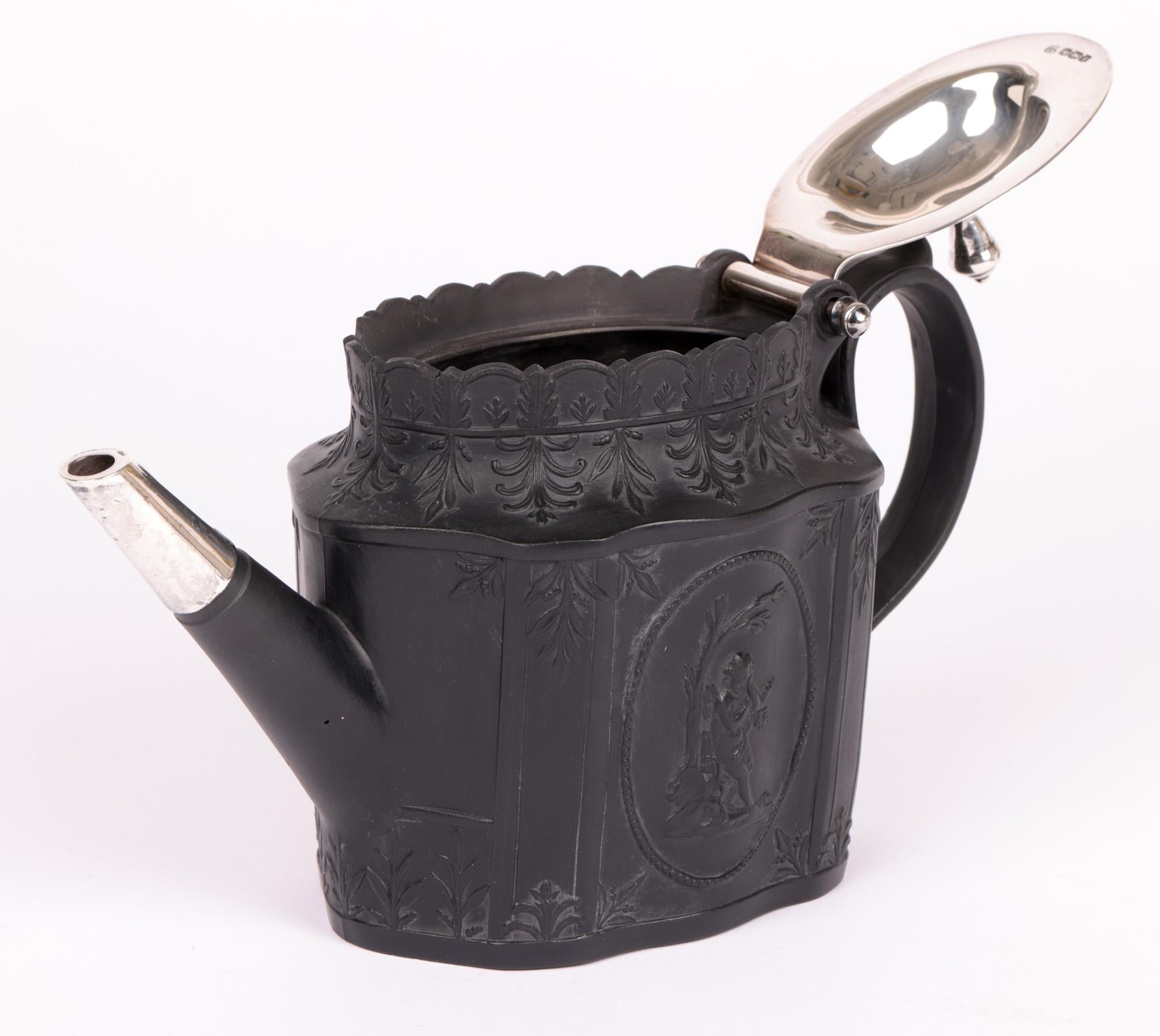 English Georgian Silver Mounted Black Basalt Teapoy with Classical Figures For Sale 2