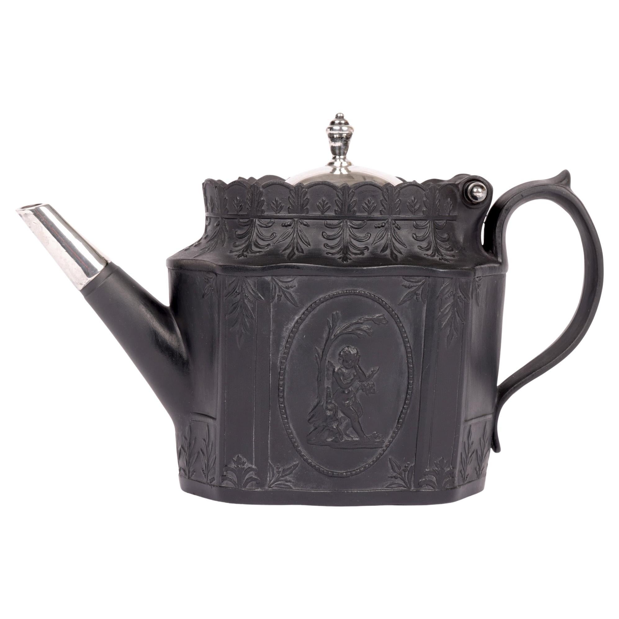 English Georgian Silver Mounted Black Basalt Teapoy with Classical Figures For Sale