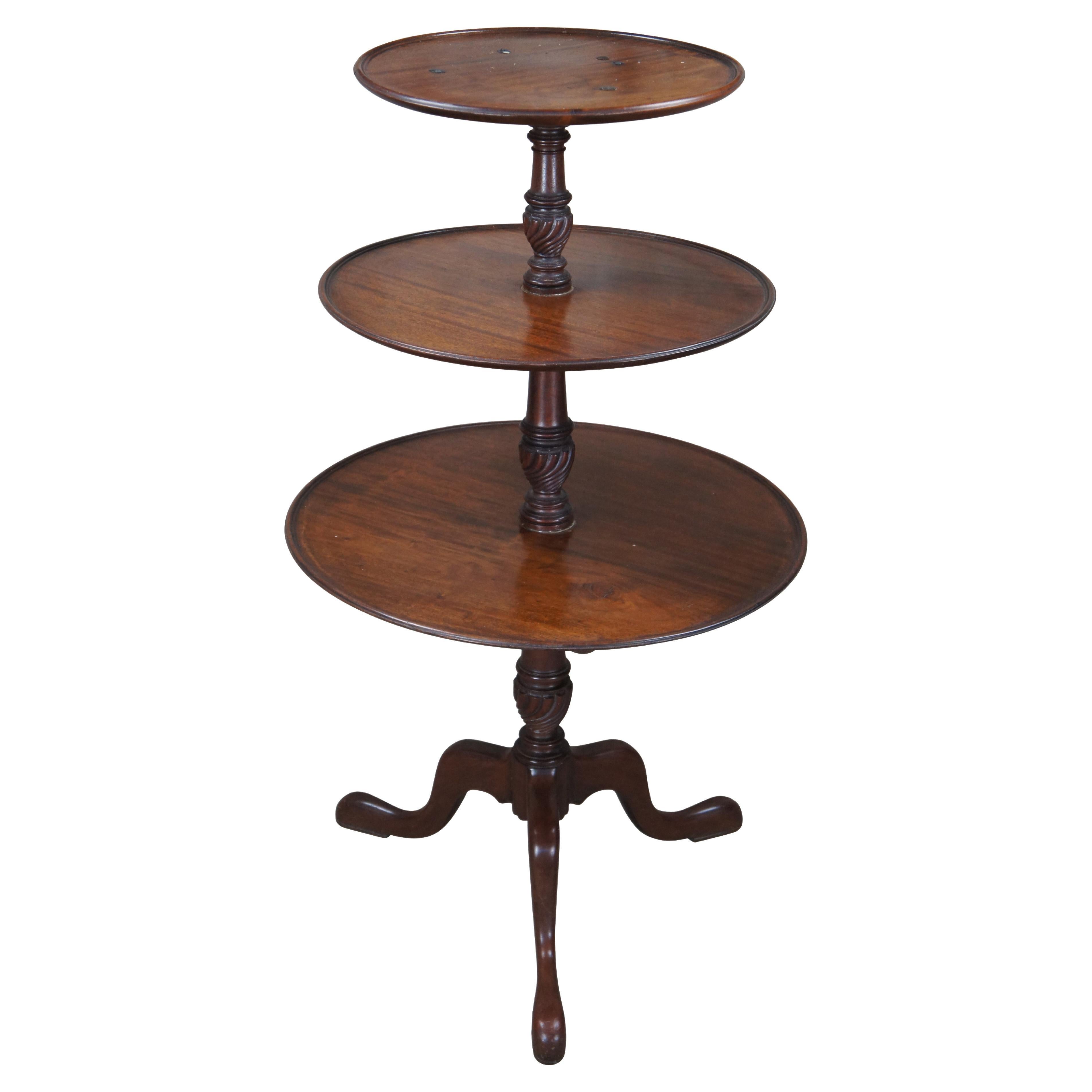 English Georgian Solid Mahogany 3 Tier Dumbwaiter Table Butler Pedestal Table For Sale