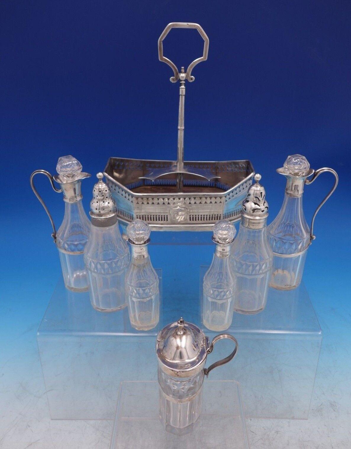 English Georgian Sterling Silver Cruet Set 7pc W/ Stand Pierced Footed, '#6997' In Excellent Condition In Big Bend, WI