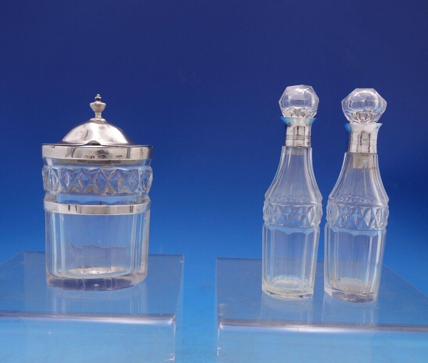 English Sterling Silver Cruet Set 7pc W/ Stand Pierced Footed