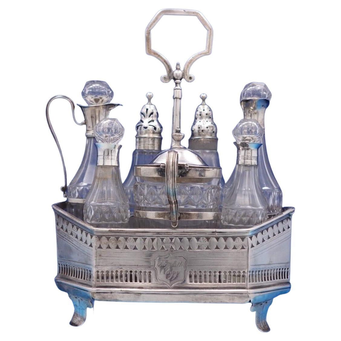 English Sterling Silver Cruet Set 7pc W/ Stand Pierced Footed