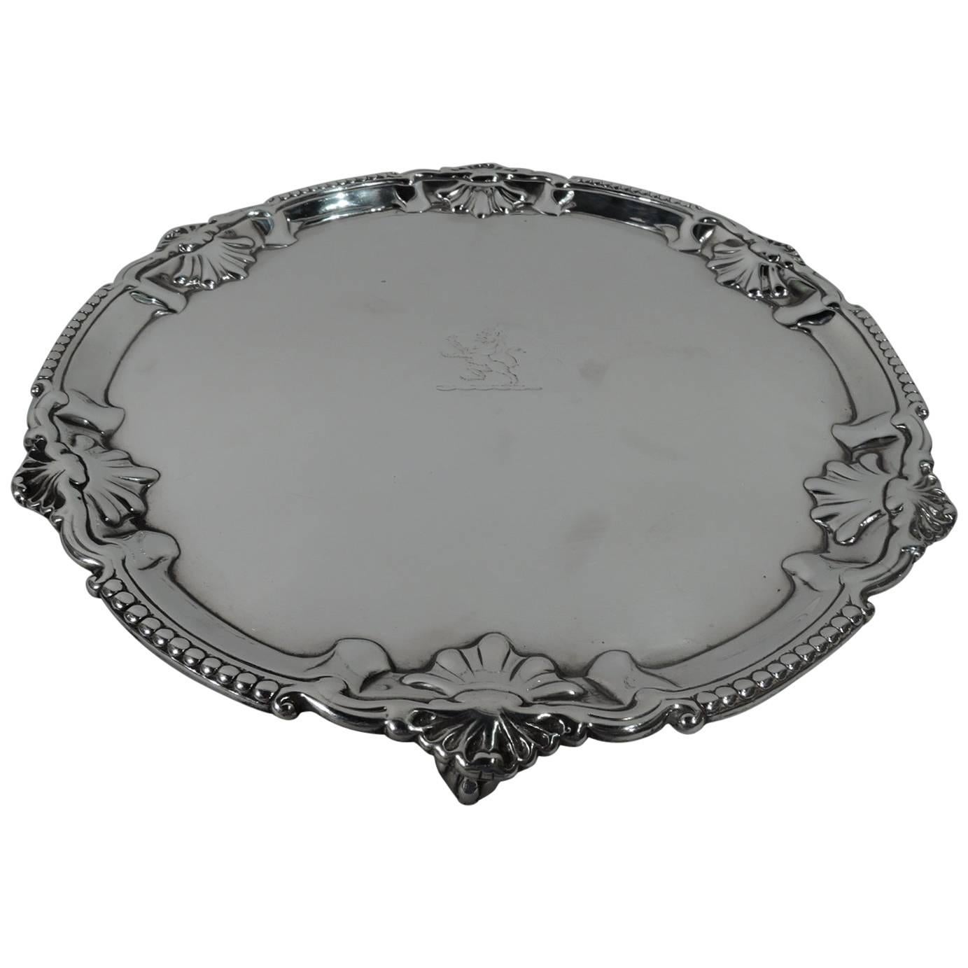 English Georgian Sterling Silver Shell Salver Tray with Armorial