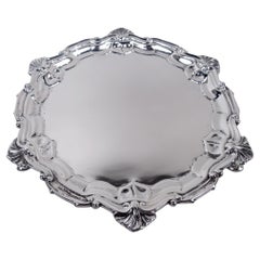 English Georgian Sterling Silver Shell & Scroll Salver, 1934