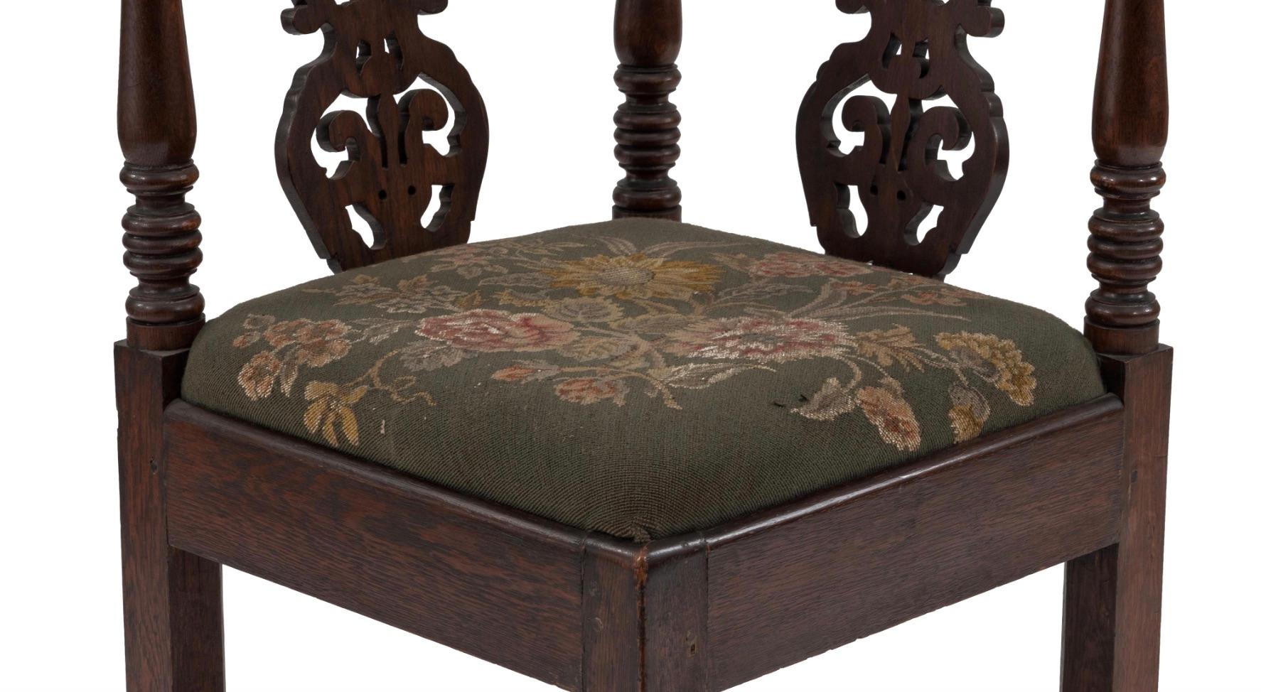 19th Century English Georgian Style Filigree Oak and Needlepoint Corner Armchair For Sale