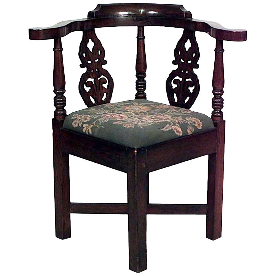 English Georgian Style Filigree Oak and Needlepoint Corner Armchair