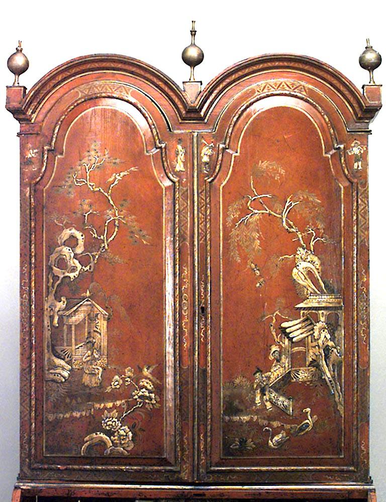 English Georgian style (19th century) red lacquered Chinoiserie decorated slant front secretary cabinet.