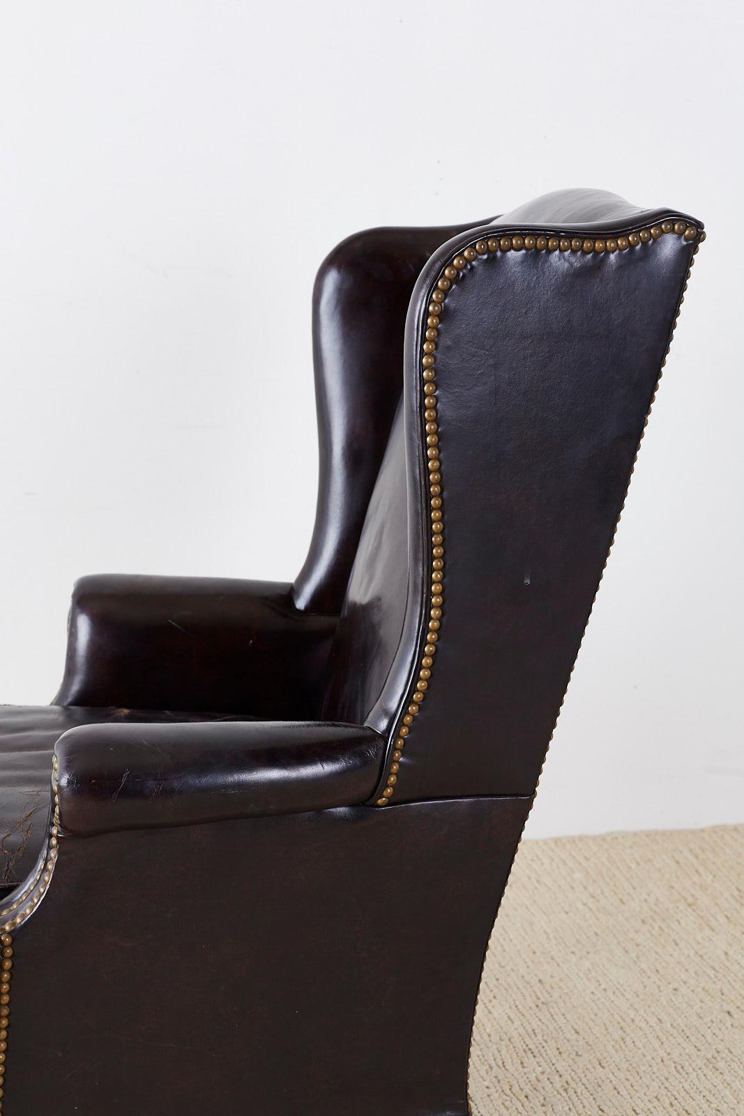 Brass English Georgian Style Black Leather Wingback Armchair