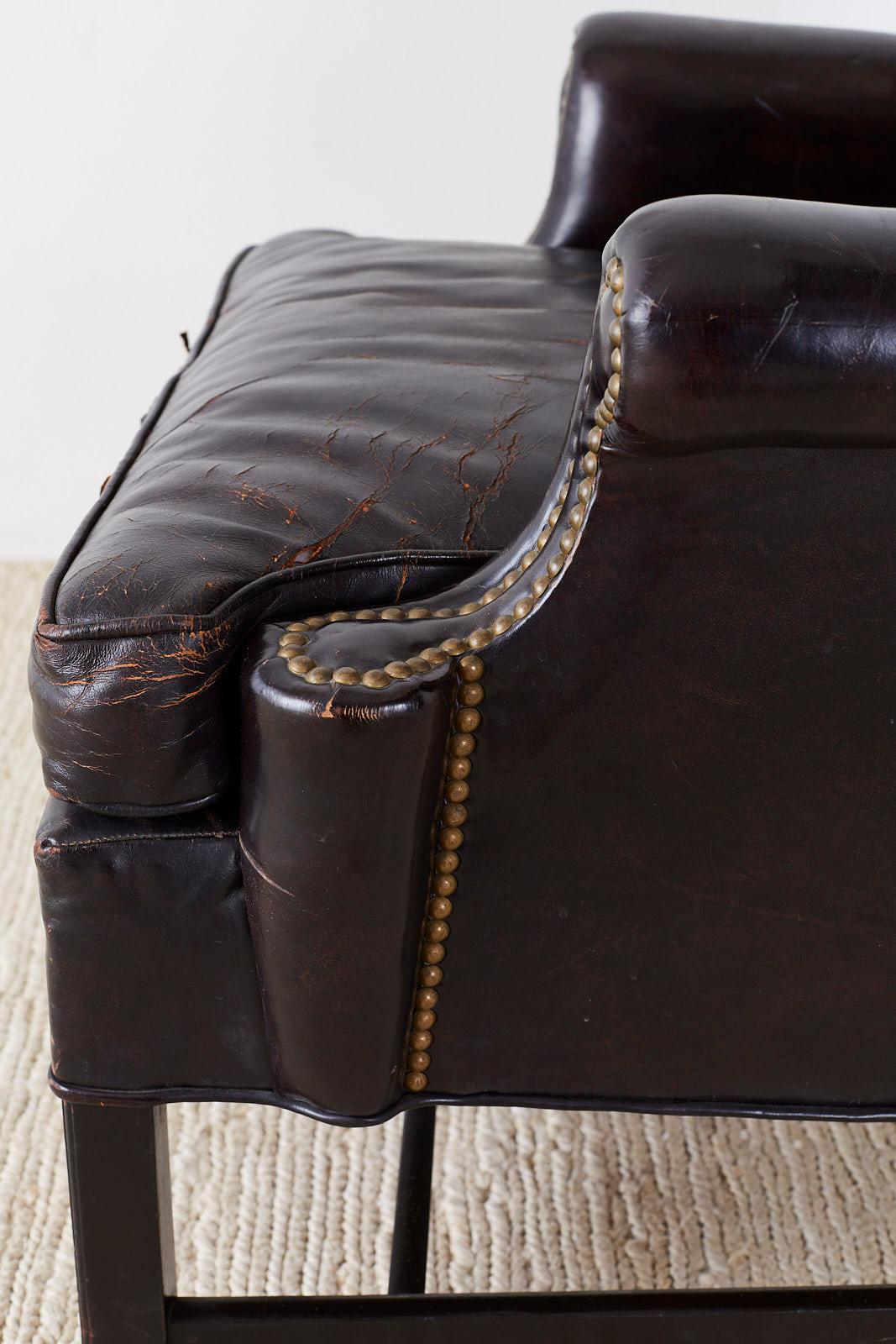 English Georgian Style Black Leather Wingback Armchair 1