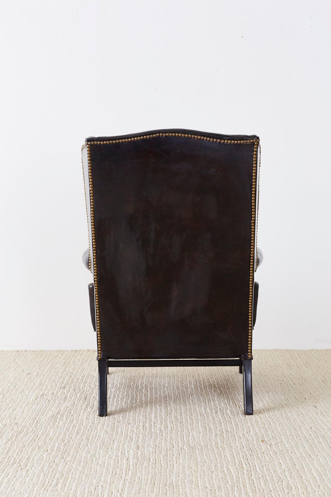 English Georgian Style Black Leather Wingback Armchair 4