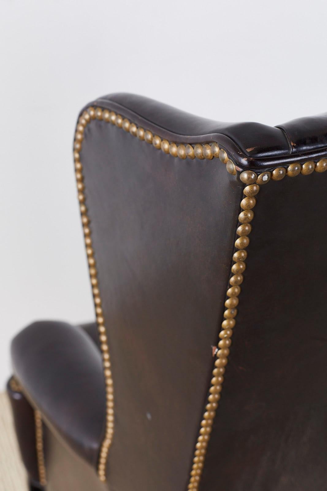 English Georgian Style Black Leather Wingback Armchair 6