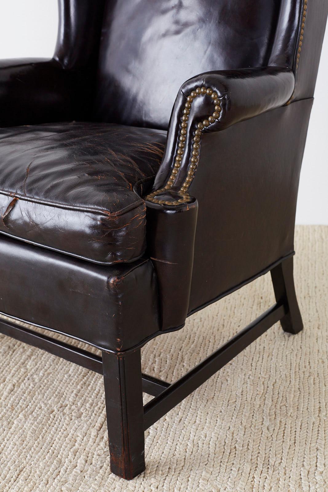 American English Georgian Style Black Leather Wingback Armchair