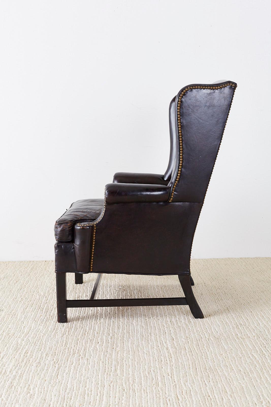 English Georgian Style Black Leather Wingback Armchair In Distressed Condition In Rio Vista, CA