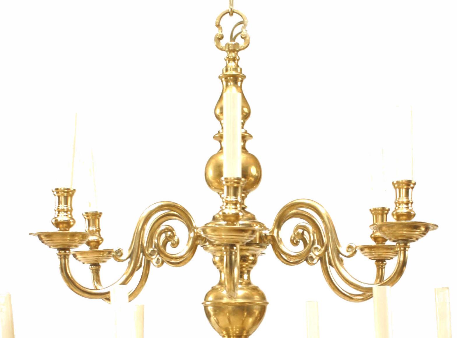 2 English Georgian-Style (20th Century) brass 2 tier 12 scroll arm chandeliers with ball design. (PRICED EACH)
