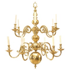 2 English Georgian Style Brass Scroll Arm Chandeliers