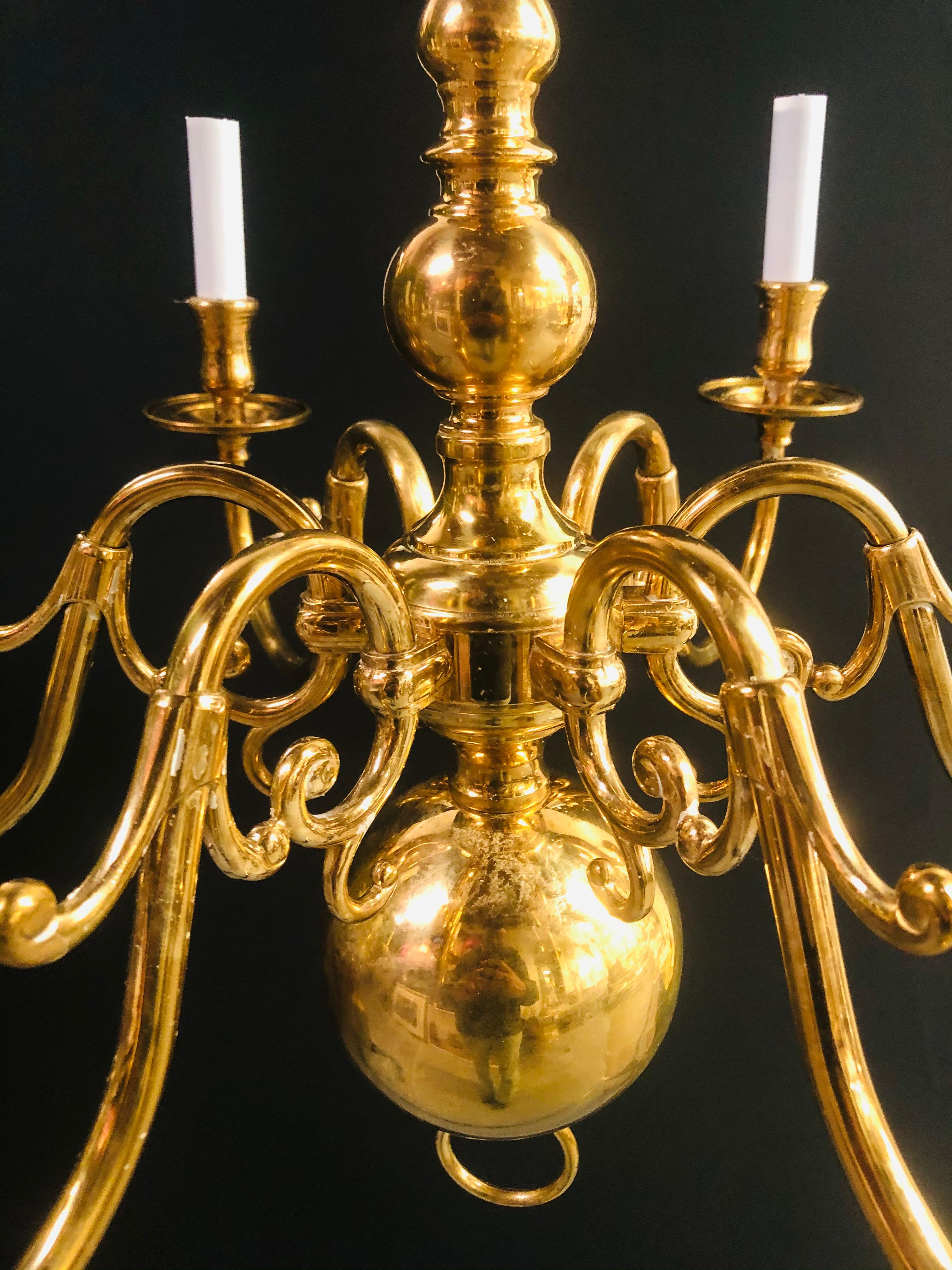 20th Century English Georgian Style Brass Six-Arm Chandelier