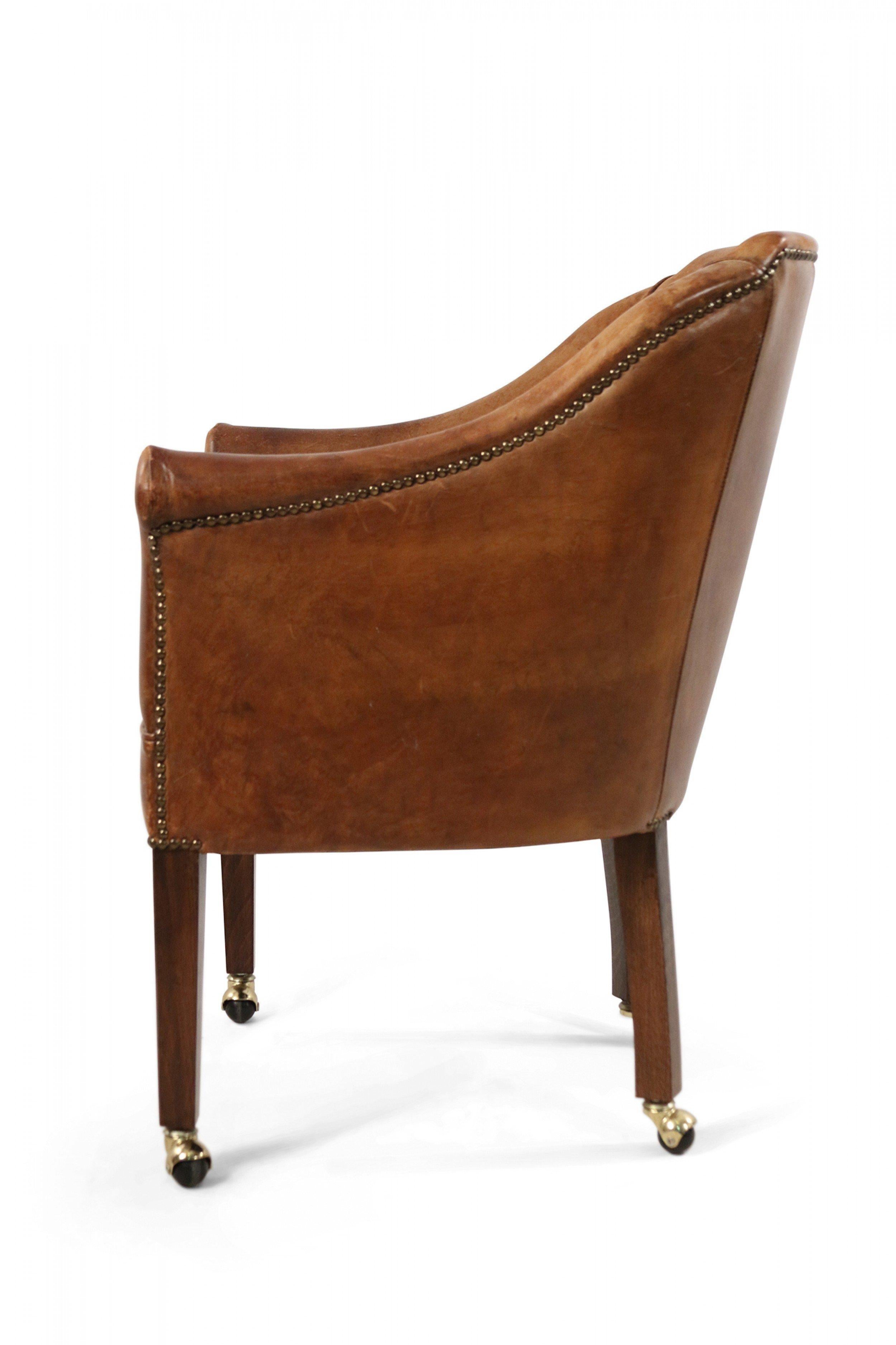 English Georgian Style Brown Leather and Wood Rolling Armchair 8