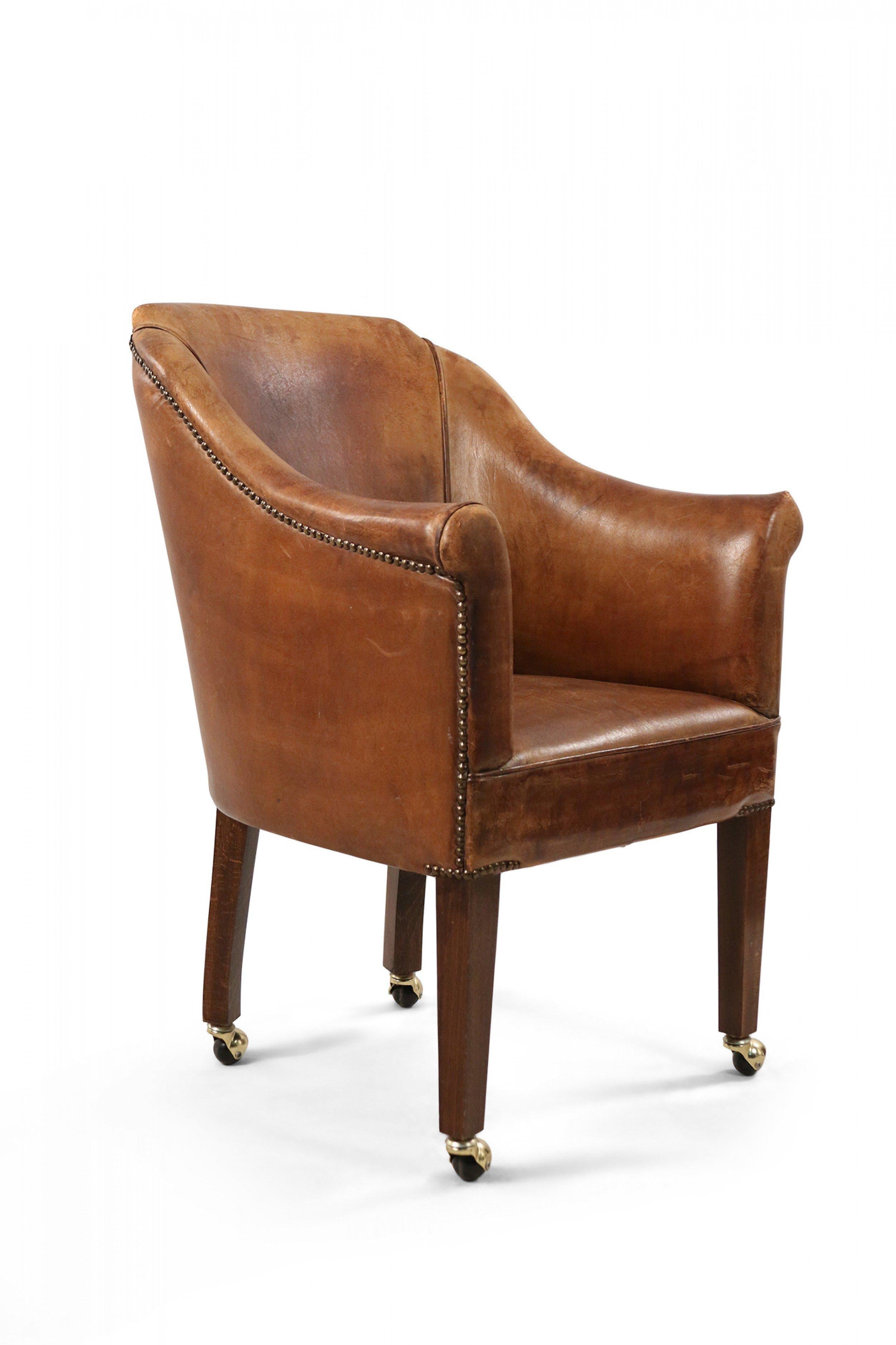 English Georgian Style Brown Leather and Wood Rolling Armchair 10