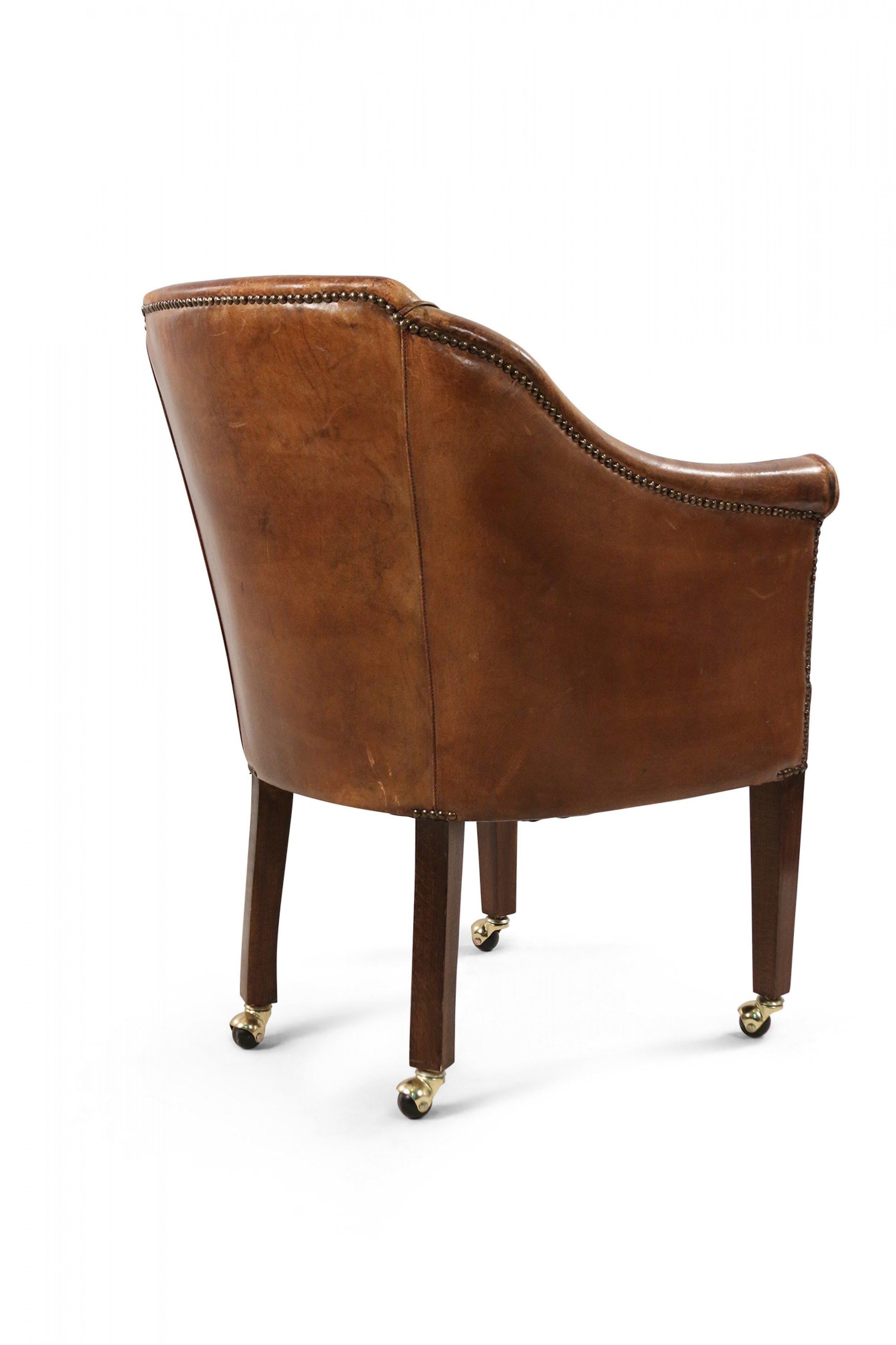 20th Century English Georgian Style Brown Leather and Wood Rolling Armchair