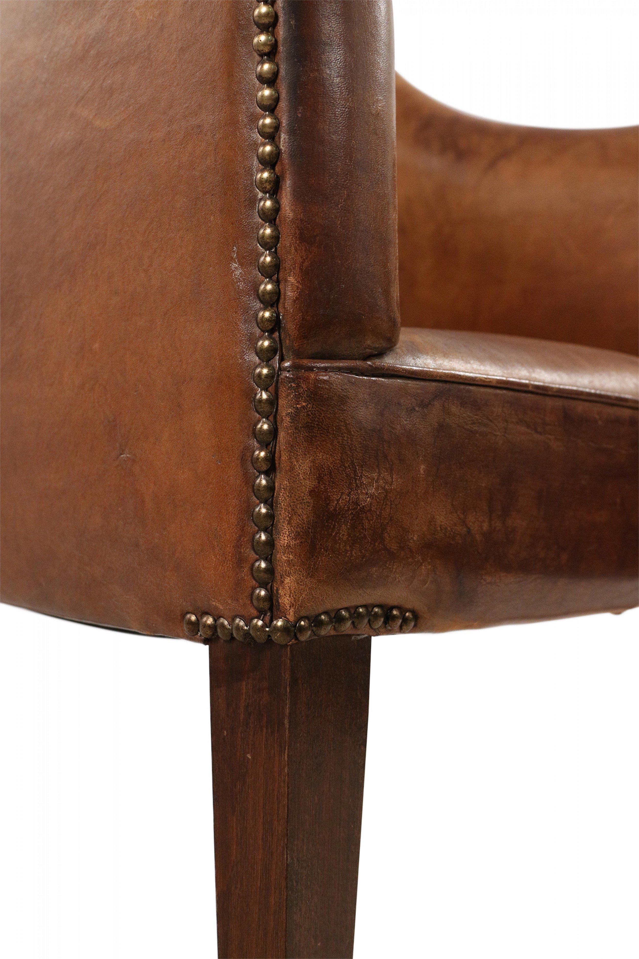 Mahogany English Georgian Style Brown Leather and Wood Rolling Armchair