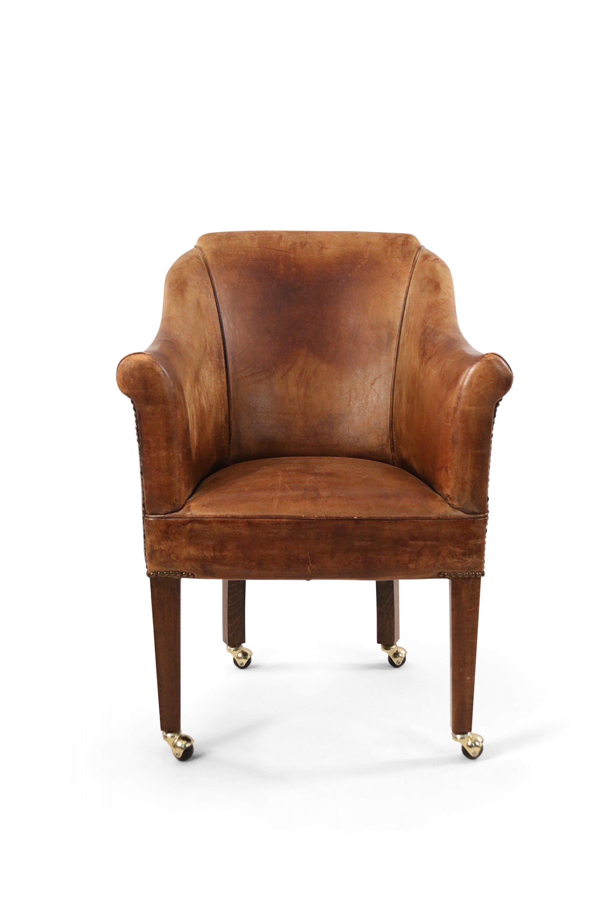 English Georgian Style Brown Leather and Wood Rolling Armchair 3