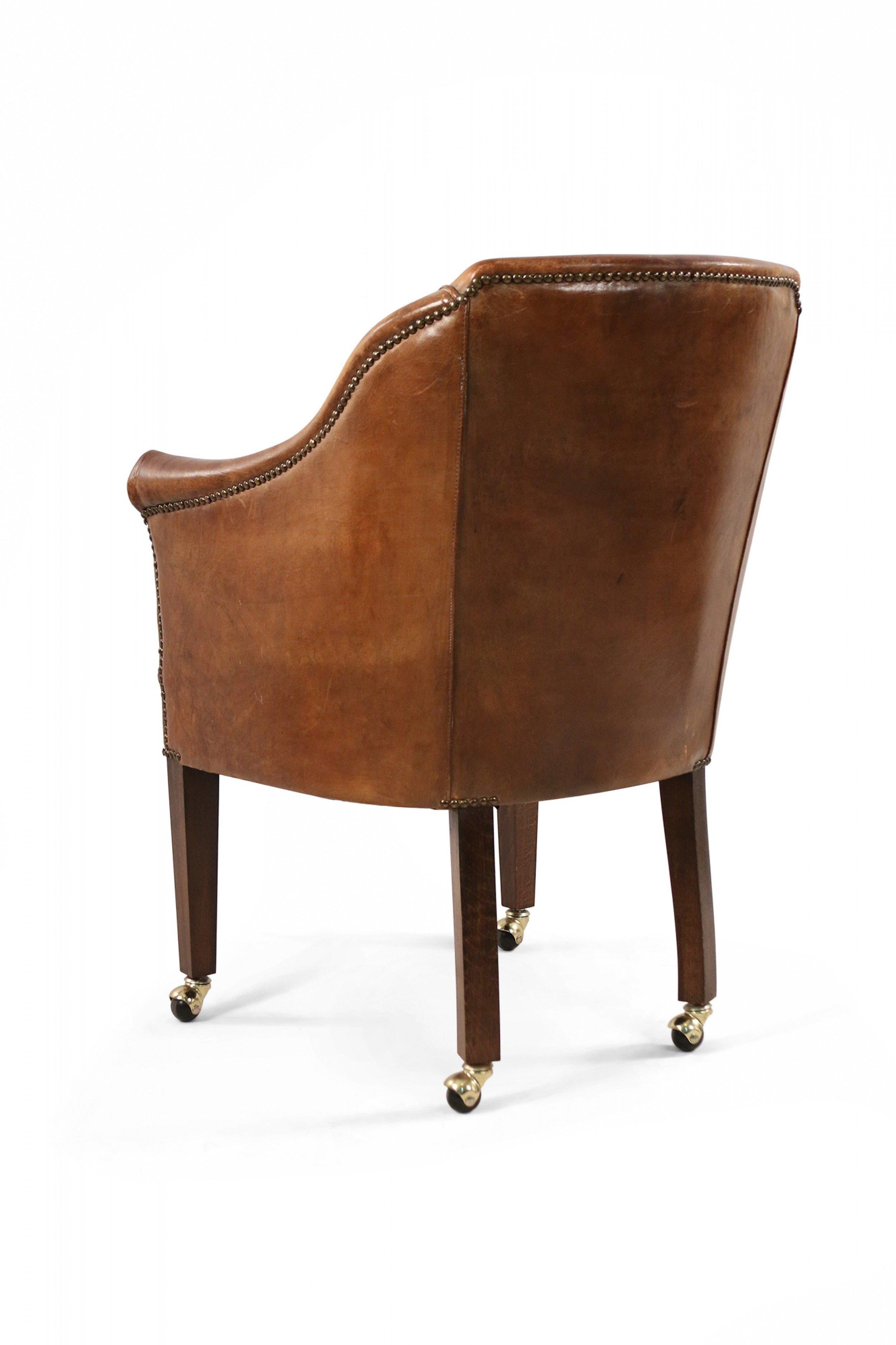 English Georgian Style Brown Leather and Wood Rolling Armchair 4