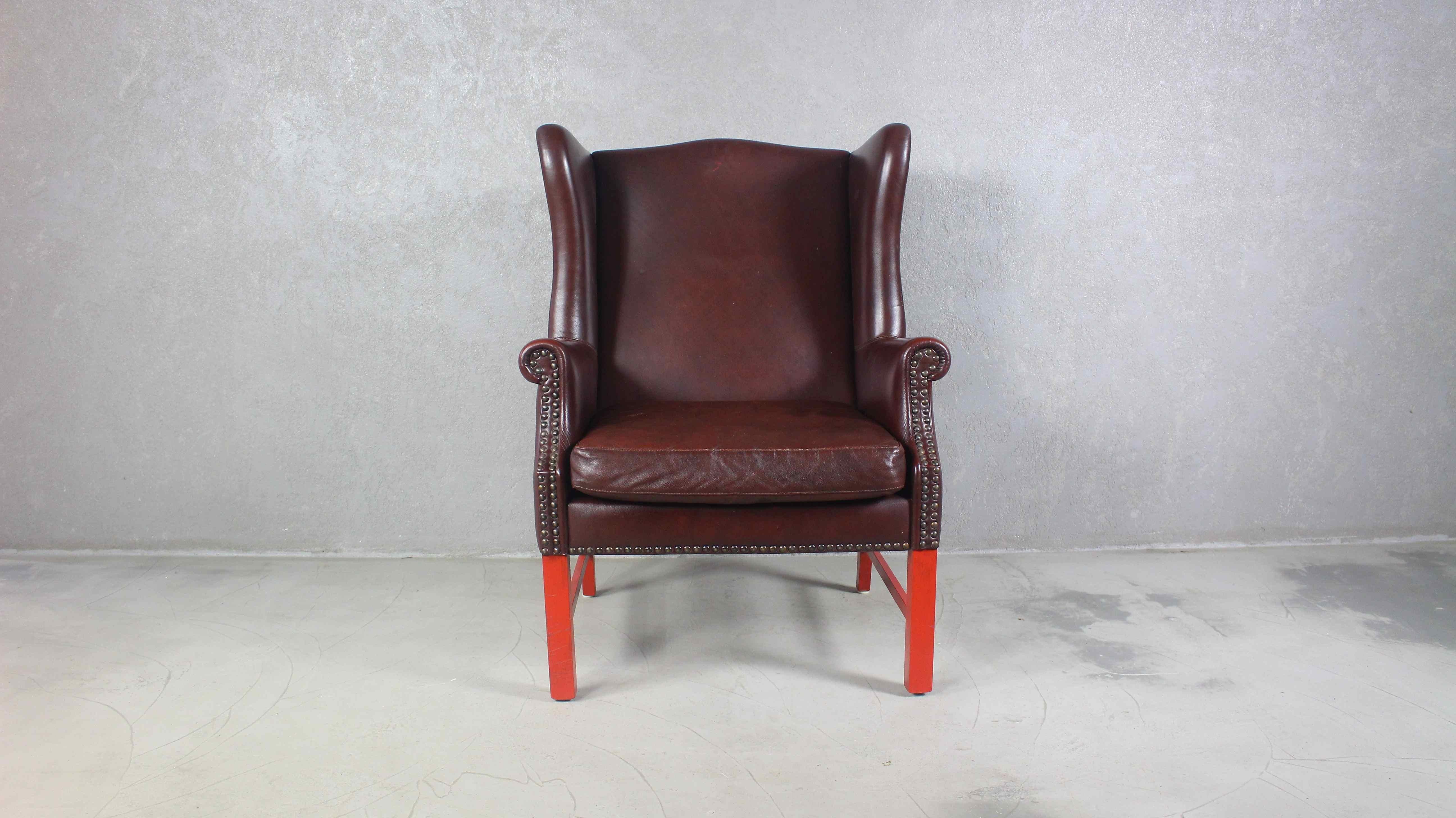 Chesterfield English Georgian Style Brown Leather Wingback Armchair For Sale