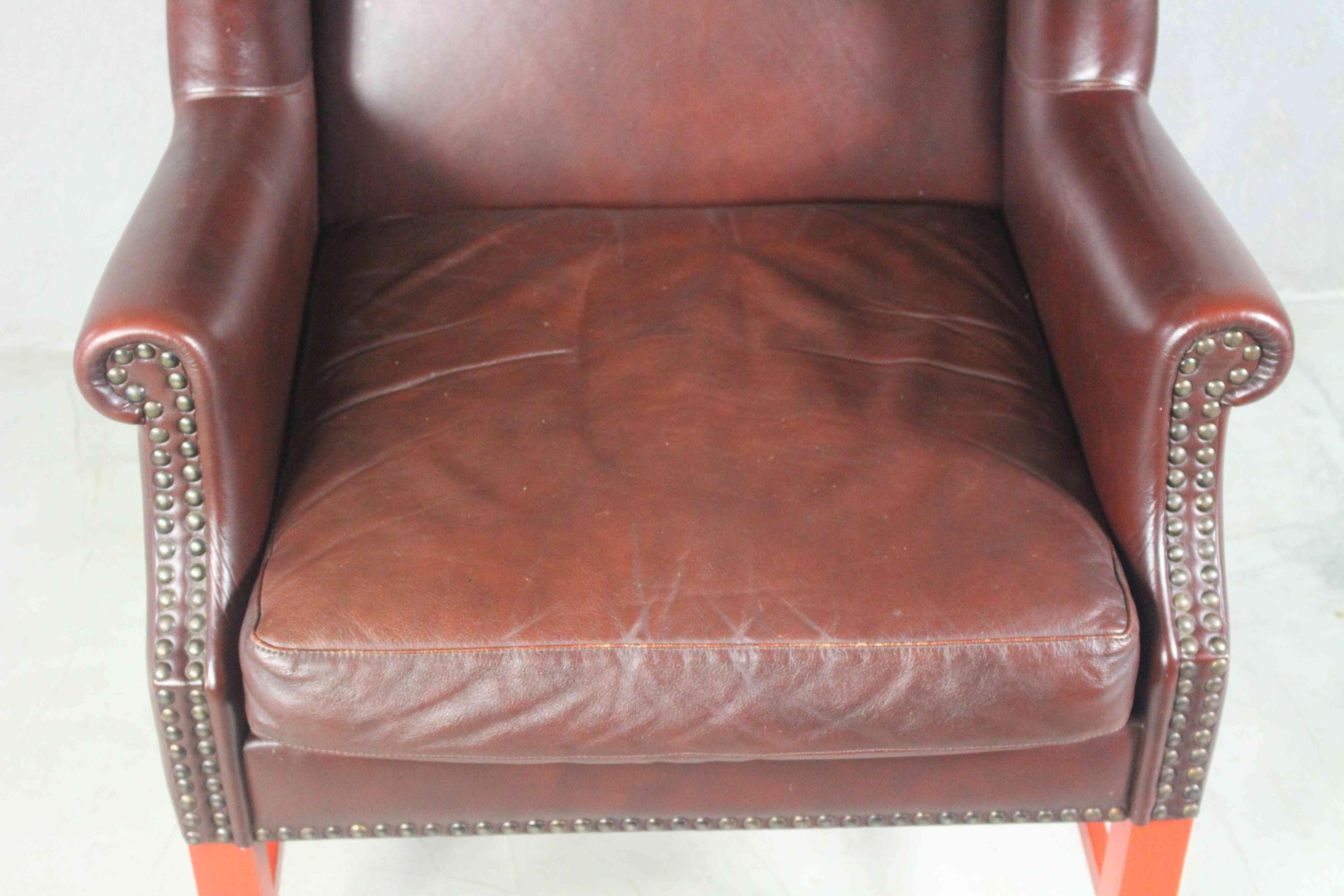 English Georgian Style Brown Leather Wingback Armchair For Sale 3