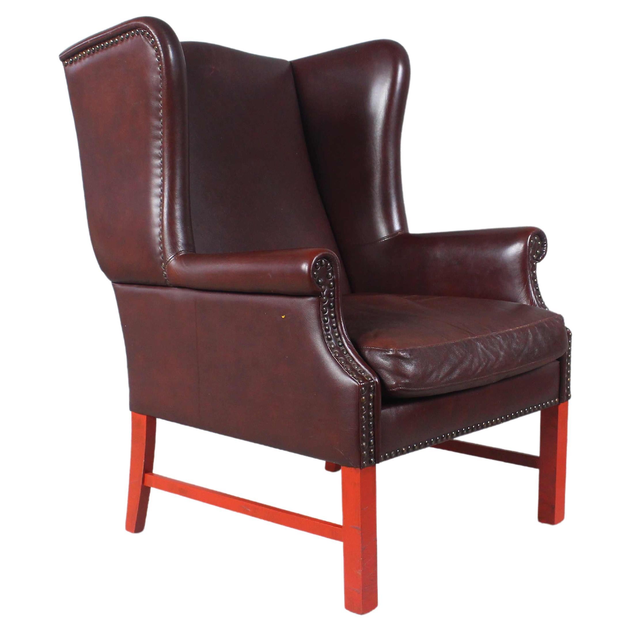 English Georgian Style Brown Leather Wingback Armchair For Sale